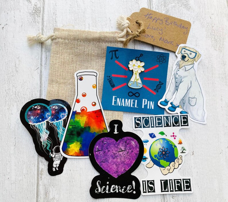 Girl Science pin- Science Flask Enamel Pin / University Badge & waterproof stickers for laptops! Scientist- chemist- physicist gift box