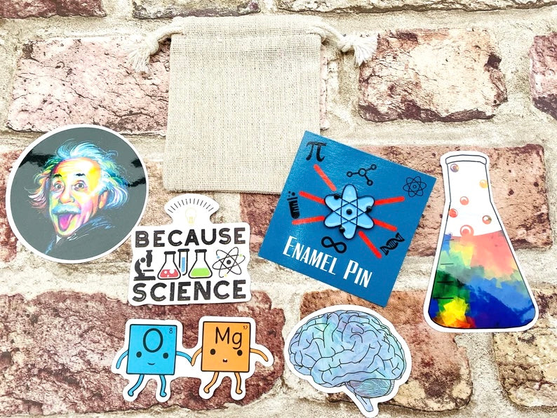 Personalised Science Enamel Pin (Chemistry, Physics)/ University Badge & waterproof stickers for laptops! Scientist- chemist- physicist gift