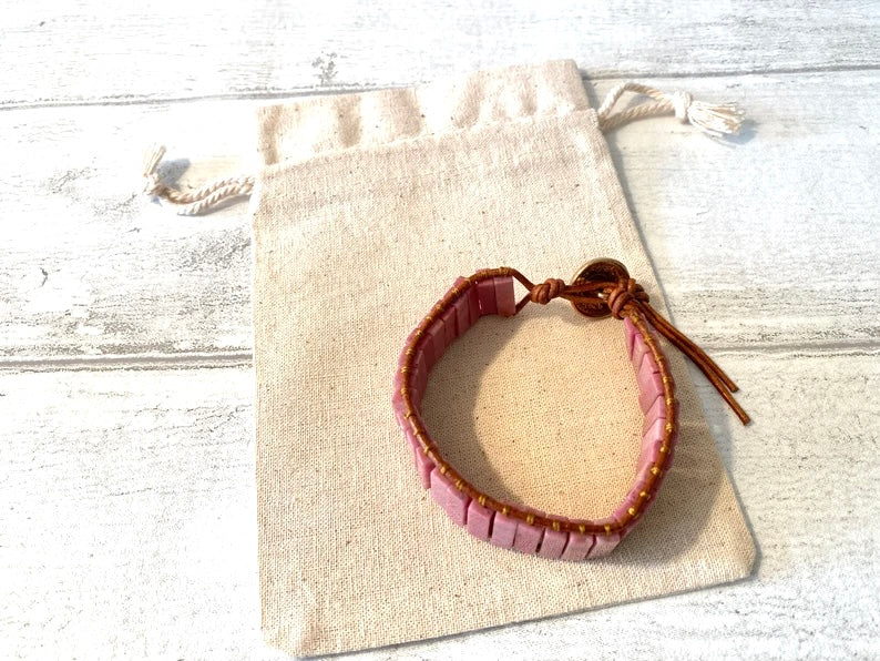 Beautiful Rhodonite Pink Boho Tube Bracelet -Beaded Leather Chakra Bracelet - natural stone entwined with Leather. Healing & Positive Energy