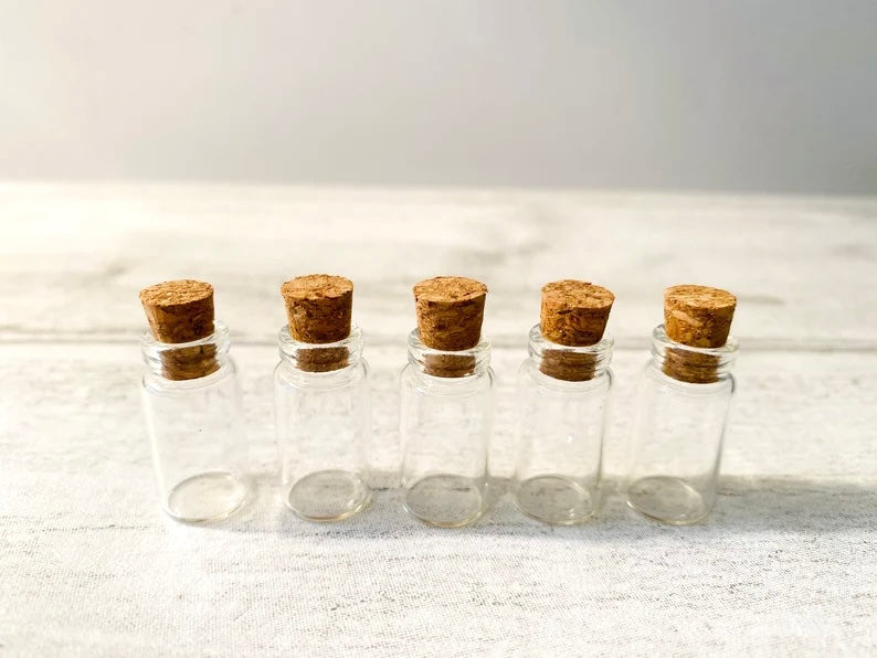 5 Tiny glass corked bottles- perfect for Fairy Dust, Pixie Dust, Mini Glass Craft Bottles- craft supplies glass bottles for crafting