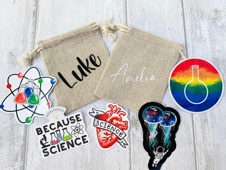 Beaker Science Enamel Pin Back to School / University Badge & waterproof stickers for laptops! Scientist- chemist- physicist gift box