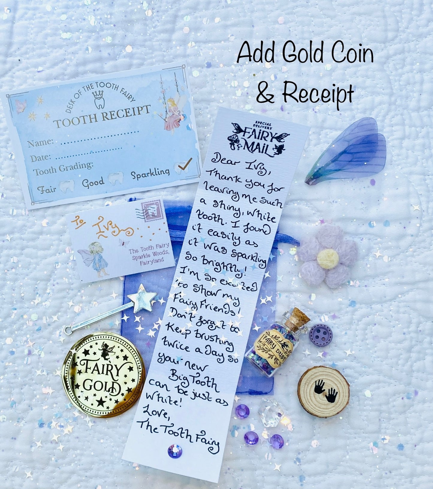 Tooth Fairy Kit- Tooth Fairy Letter, Fairy Dust and Tooth Fairy Gold Coin- First Tooth or Other Tooth. Tooth Fairy Gifts & Tooth Collection