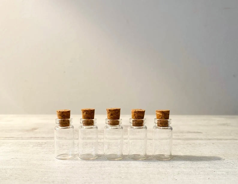 5 Tiny glass corked bottles- perfect for Fairy Dust, Pixie Dust, Mini Glass Craft Bottles- craft supplies glass bottles for crafting