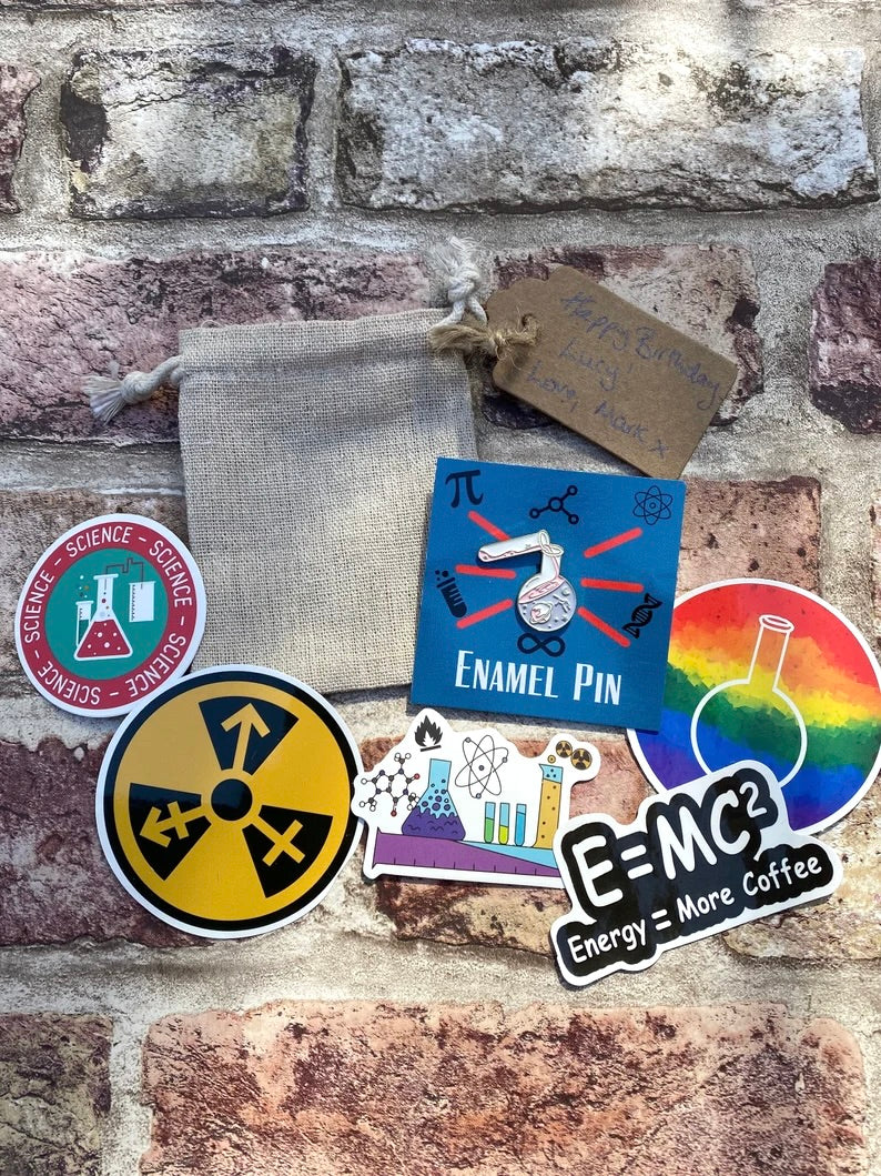 Physics Astronomy- Science Enamel Pin / University Badge & waterproof stickers for laptops! Scientist- chemist- physicist gift box