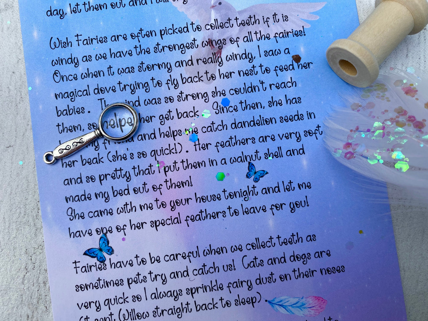 Wish Fairy- Tooth Fairy Letter Personalised gift box- Fairy Kit includes: Wish bottle, mini magnifying glass, magic feather, bobbin, cone