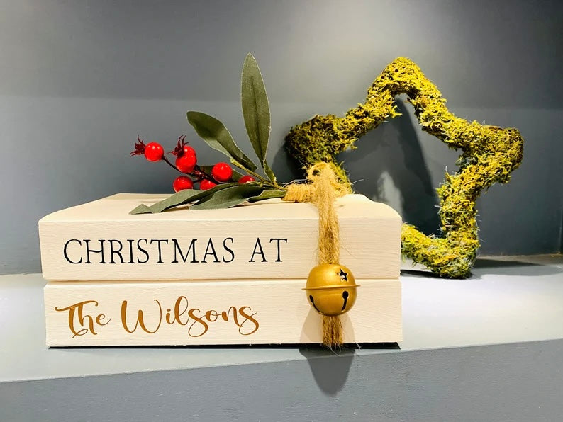Personalised Christmas Book Stack Ornament with Family Name! Christmas Decorations- Festive Coffee Table & Bookcase Decor