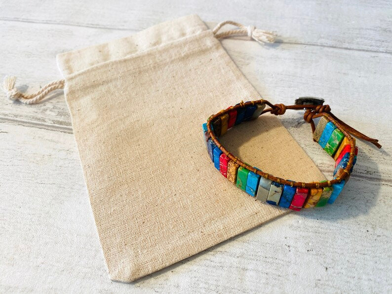Beautiful Tube Boho Bracelet -Beaded Leather Chakra Bracelet -natural Jasper jewellery entwined with Leather. Healing with Positive Energy