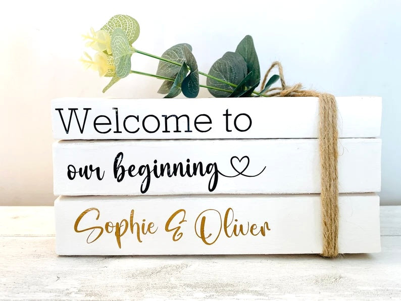 Our Beginning- Personalised White Wedding Book Stack- Wedding table decor, custom wedding decorations, Valentine’s Day Gift