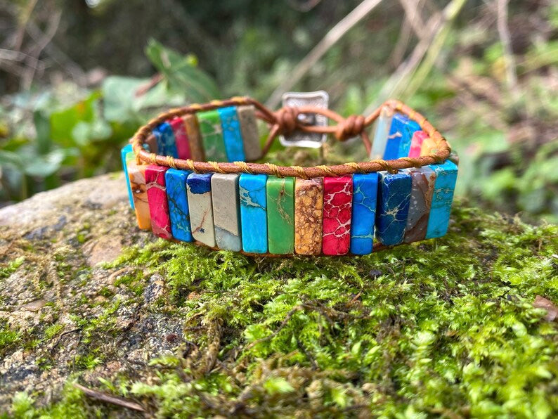 Beautiful Tube Boho Bracelet -Beaded Leather Chakra Bracelet -natural Jasper jewellery entwined with Leather. Healing with Positive Energy