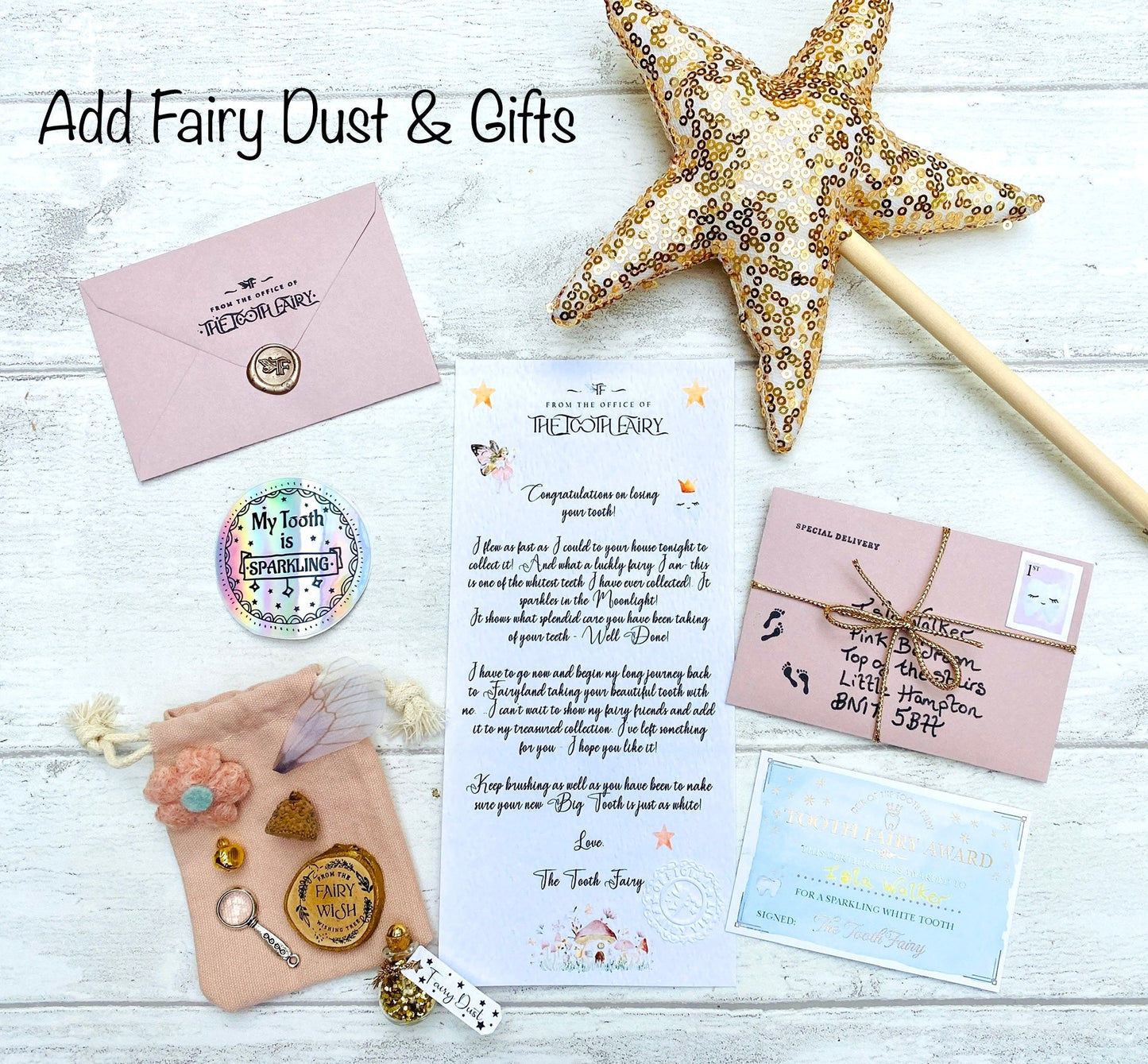 DELUXE Tooth Fairy LETTER with Tooth Certificate, Fairy Gold Coin, Fairy Dust and Tooth Fairy Gifts- Tooth Fairy Kit