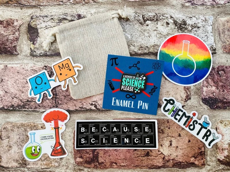 Funny Science Enamel Pin (Chemistry, Physics)/ University Badge & waterproof stickers for laptops! Scientist- chemist- physicist gift