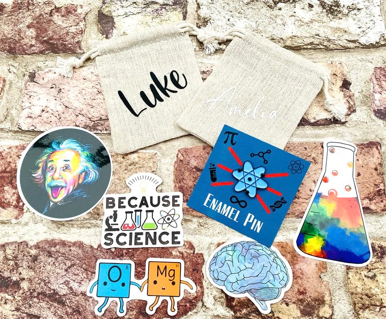 Personalised Science Enamel Pin (Chemistry, Physics)/ University Badge & waterproof stickers for laptops! Scientist- chemist- physicist gift