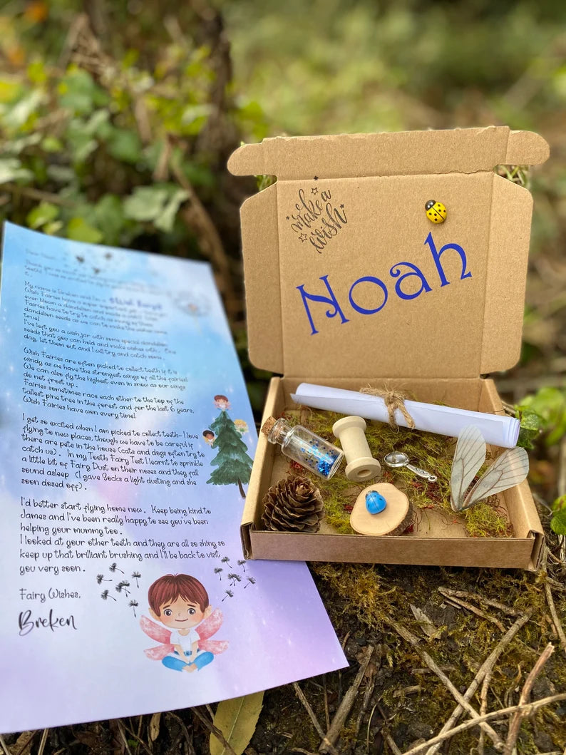 Boy’s Tooth Fairy Kit- Wish Fairy- Personalised Letter gift box- Fairy Kit includes: Wish bottle fairy wings, bobbin, mini magnifying glass, cone