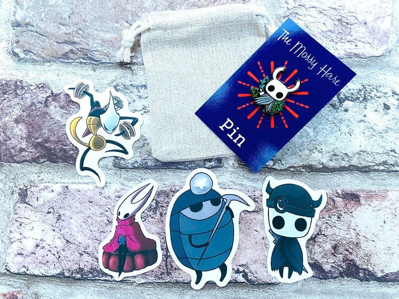 Hollow Knight Pin- Hornet, Shade, Grub & Hk stickers