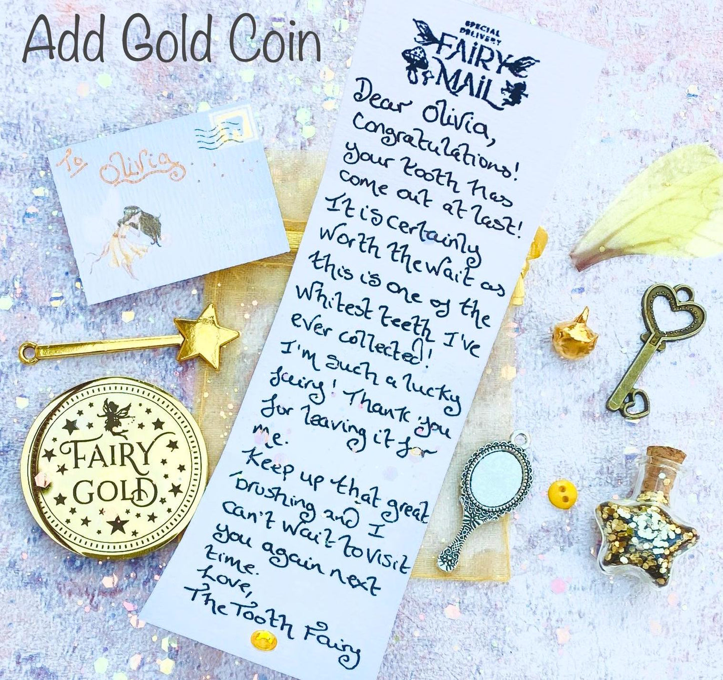 Tooth Fairy Kit- Tooth Fairy Letter, Fairy Dust and Tooth Fairy Gold Coin- First Tooth or Other Tooth. Tooth Fairy Gifts & Tooth Collection