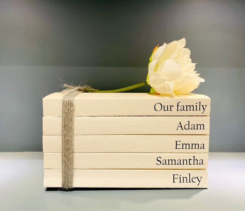 Family Names Book Stack Gift! Beautiful, neutral home decor book stack ornament- lovely house warming present- perfect Wedding Decor