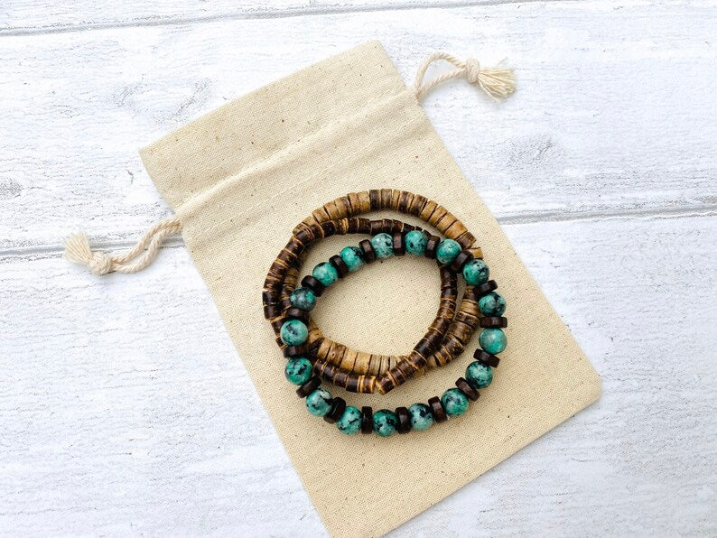 Surfer style set of wooden beaded bracelets- Stacking Bracelets Wooden beaded hippie, boho unisex