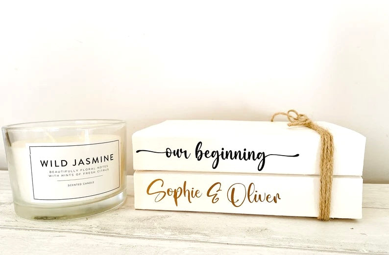 Our Beginning- Personalised White Wedding Book Stack- Wedding table decor, custom wedding decorations, Valentine’s Day Gift