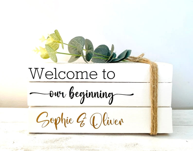 Our Beginning- Personalised White Wedding Book Stack- Wedding table decor, custom wedding decorations, Valentine’s Day Gift