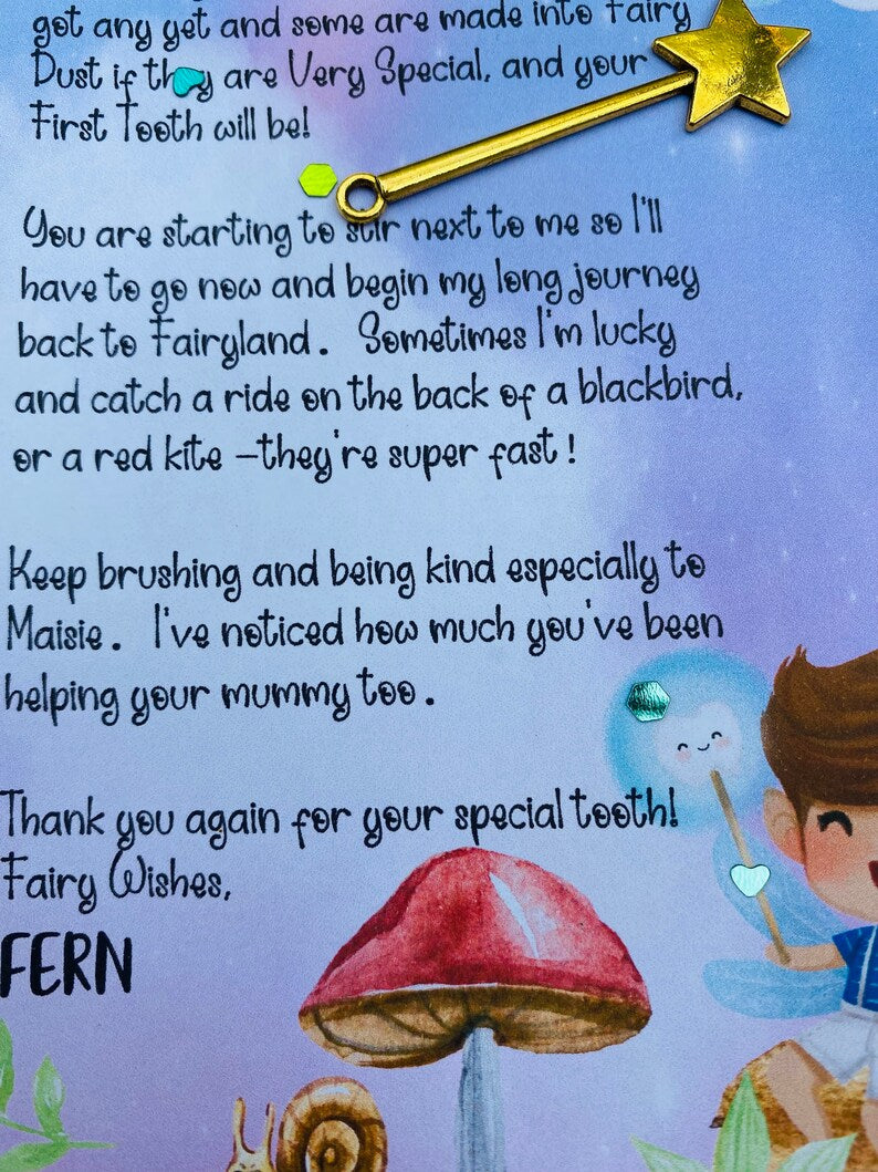 FIRST TOOTH Fairy Kit- Tooth Fairy Letter, Boys Tooth Fairy Gifts- custom letter, gold coin, wand, fairy dust & wings, book