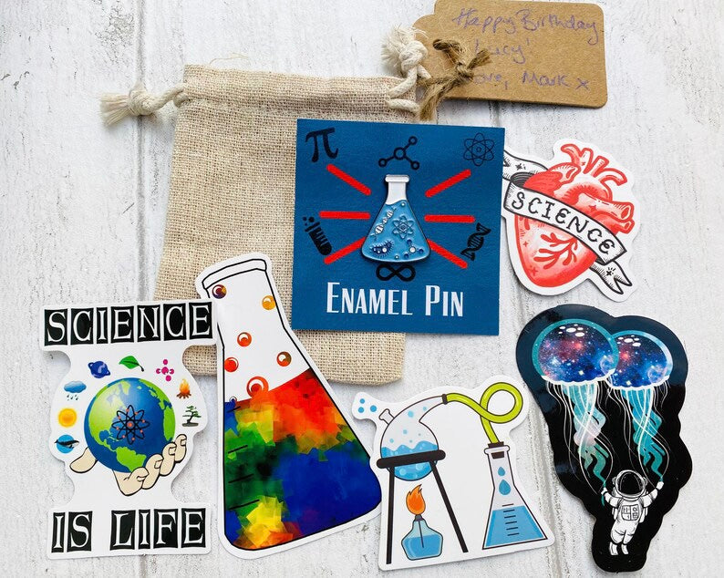 Personalised Science Enamel Pin (Chemistry, Physics)/ University Badge & waterproof stickers for laptops! Scientist- chemist- physicist gift