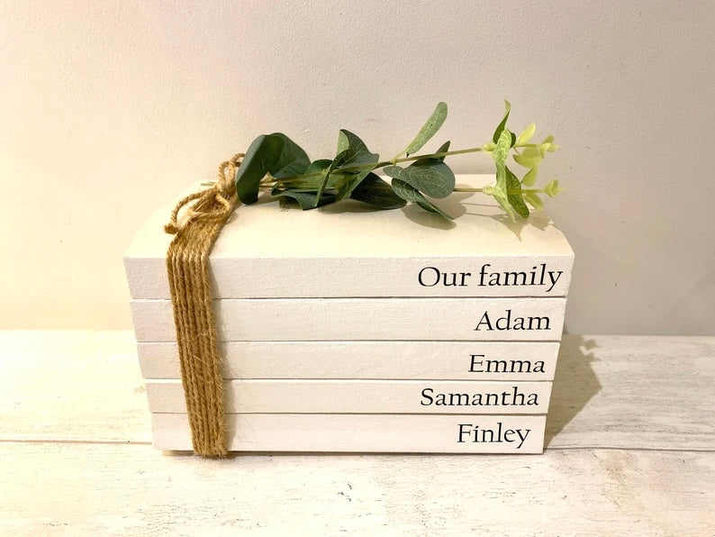 Family Names Book Stack Gift! Beautiful, neutral home decor book stack ornament- lovely house warming present- perfect Wedding Decor