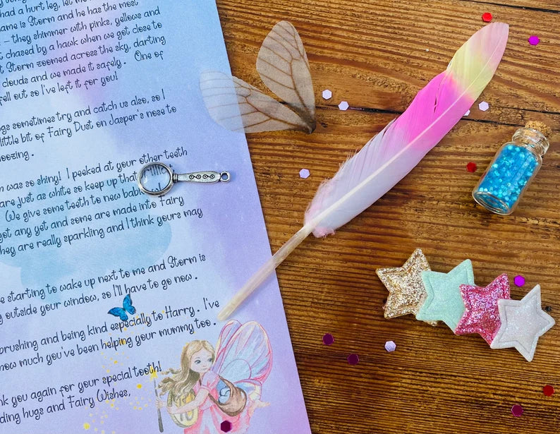 Sky Fairy- Tooth Fairy Personalised Letter gift box- Fairy Kit: Unicorn Feather, Fairy Dust & Wings,hair clip, Gold Coin Tooth Receipt