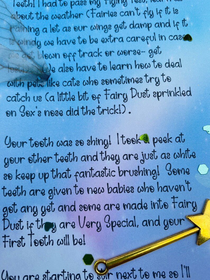 FIRST TOOTH Fairy Kit- Tooth Fairy Letter, Boys Tooth Fairy Gifts- custom letter, gold coin, wand, fairy dust & wings, book