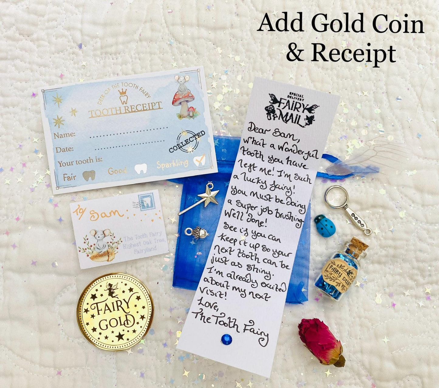Tooth Fairy Kit- Tooth Fairy Letter, Fairy Dust and Tooth Fairy Gold Coin- First Tooth or Other Tooth. Tooth Fairy Gifts & Tooth Collection