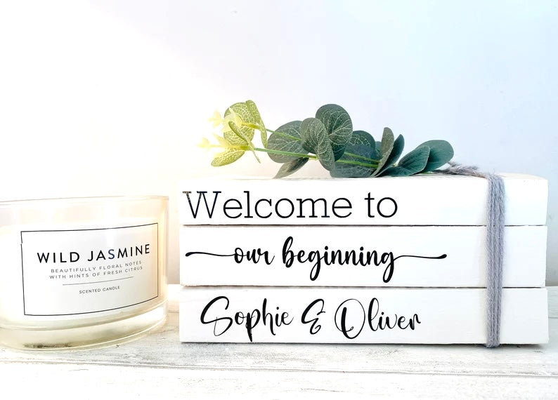 Our Beginning- Personalised White Wedding Book Stack- Wedding table decor, custom wedding decorations, Valentine’s Day Gift