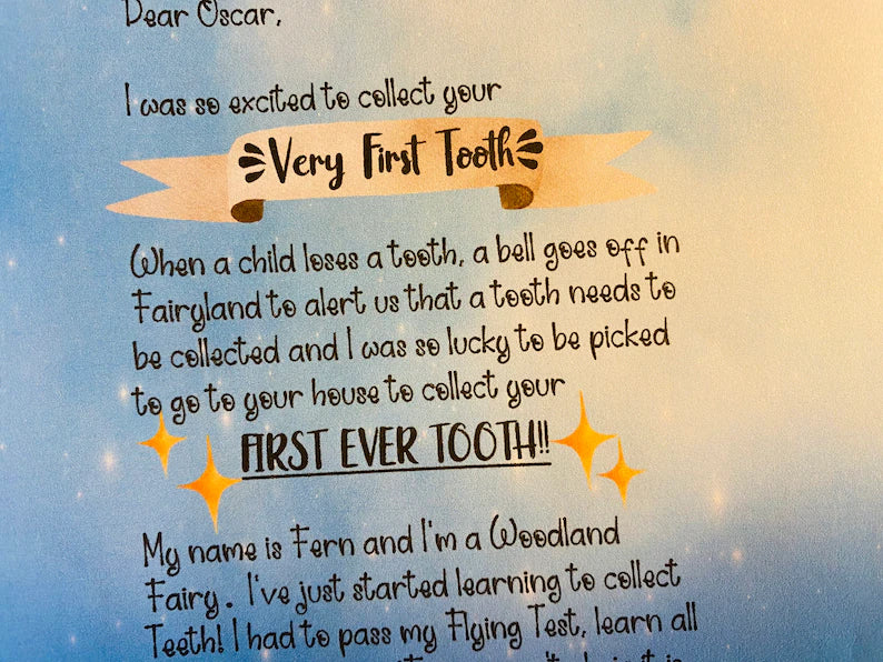 FIRST TOOTH Fairy Kit- Tooth Fairy Letter, Boys Tooth Fairy Gifts- custom letter, gold coin, wand, fairy dust & wings, book