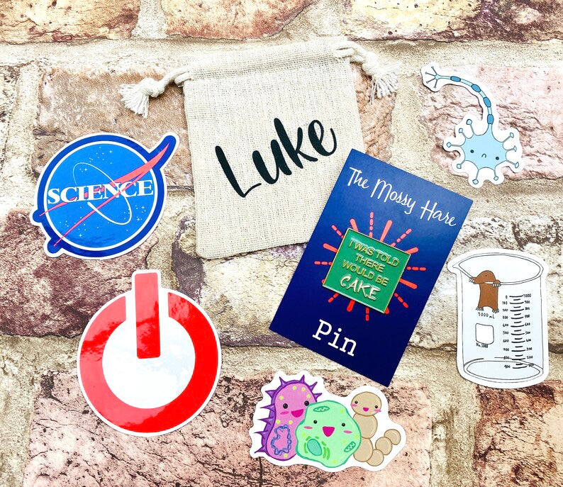 Funny Science Enamel Pin / University Badge & waterproof stickers for laptops! Scientist- chemist- physicist gift box