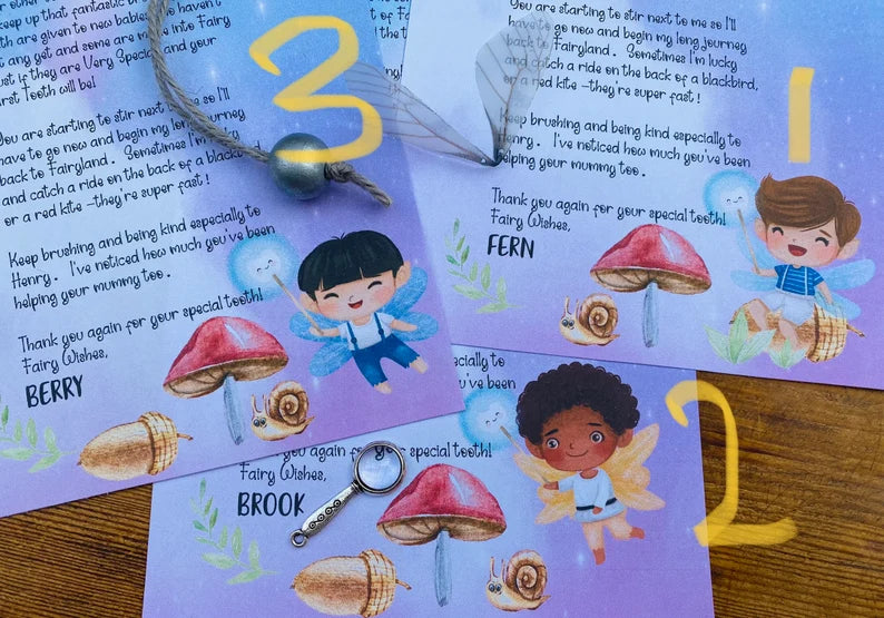 Woodland Fairy- BOY’S Tooth Fairy Letter Personalised gift box- Boy Tooth Fairy kit: Custom Letter, Fairy Dust, Fairy Wings, Magnifying Glas
