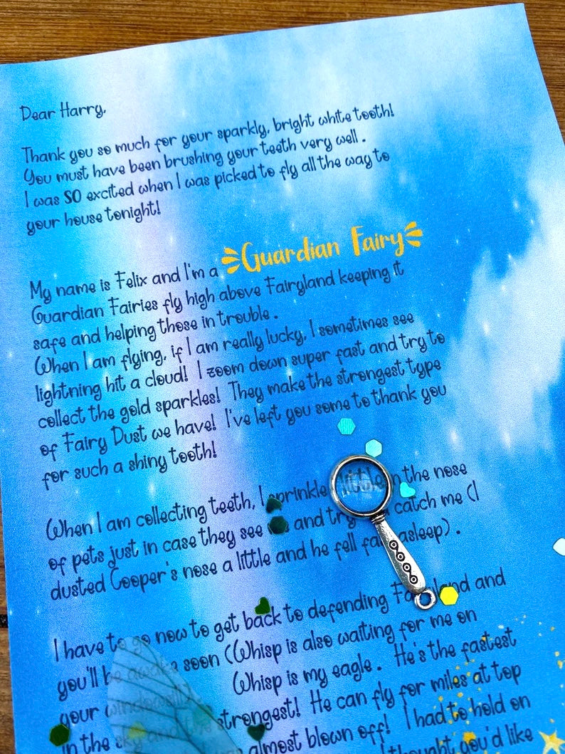 BOY’S Tooth Fairy Kit - Tooth Fairy Letter- Personalised Boy’s Tooth Fairy Set- Custom Letter, Fairy Dust & Wings,