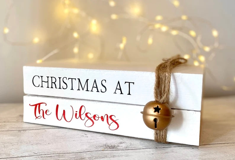 Personalised Christmas Book Stack Ornament with Family Name! Christmas Decorations- Festive Coffee Table & Bookcase Decor