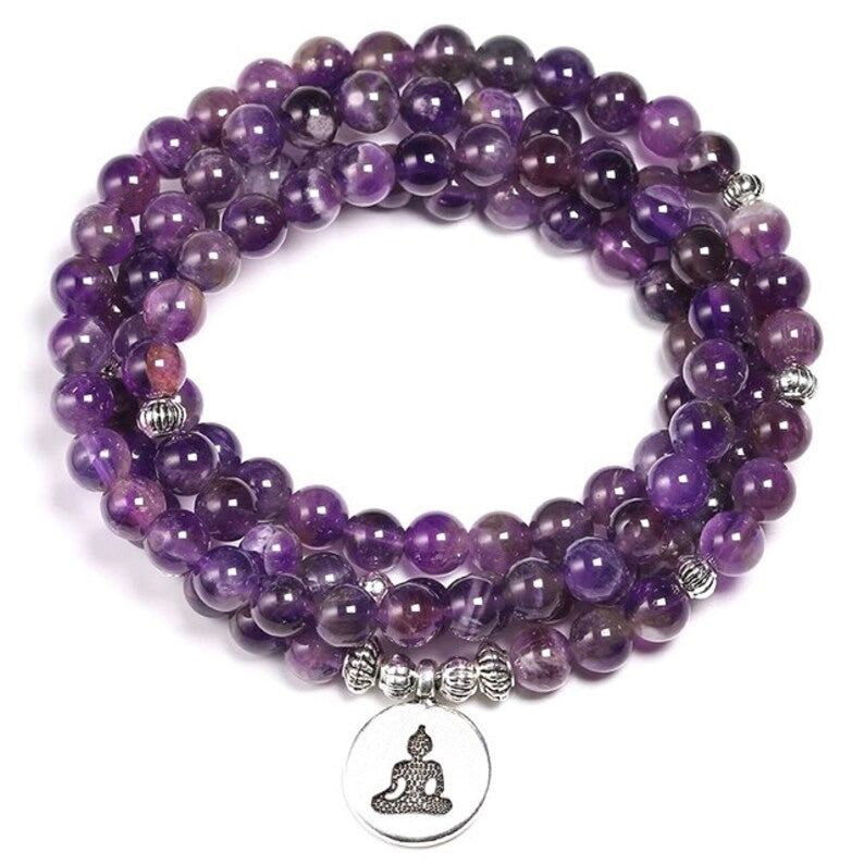 108 Mala Beads -Amethyst Natural Stone Meditation Necklace. Beautiful healing yoga bracelet. Japa Mala. Prayer beads. Chakra jewellery