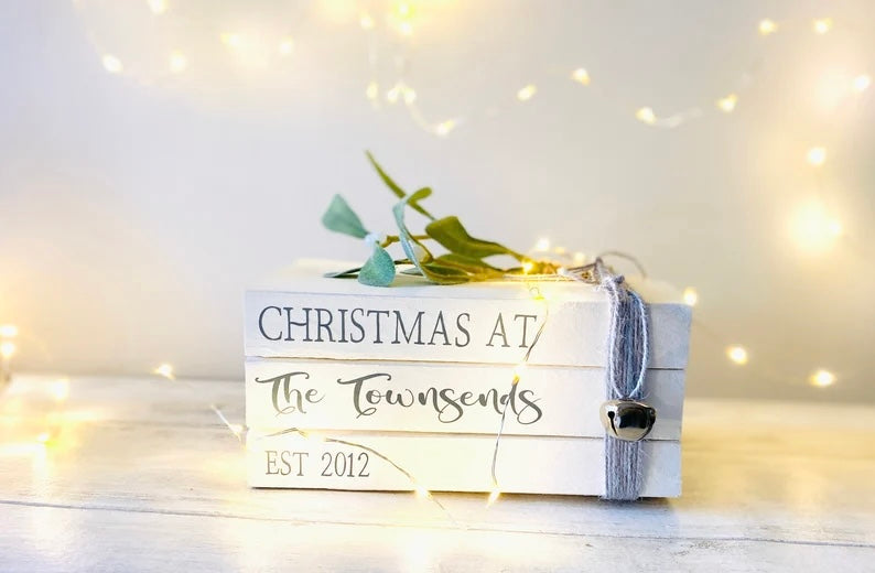 Personalised Christmas Book Stack Ornament with Family Name! Christmas Decorations- Festive Coffee Table & Bookcase Decor