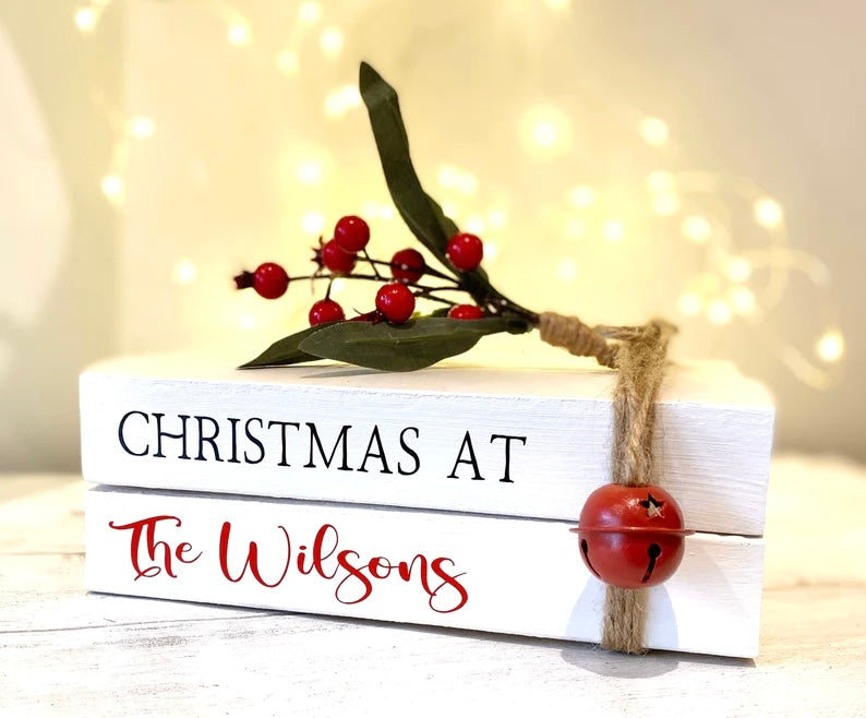 Personalised Christmas Book Stack Ornament with Family Name! Christmas Decorations- Festive Coffee Table & Bookcase Decor