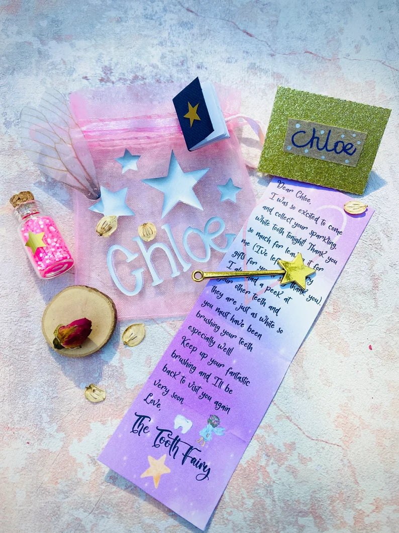 Tooth Fairy Set- Personalised Fairy Letter, bag with gifts, wand, fairy dust, fairy wings and more
