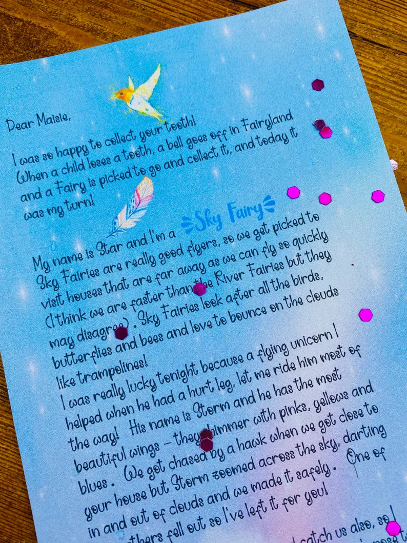 Sky Fairy- Tooth Fairy Personalised Letter gift box- Fairy Kit: Unicorn Feather, Fairy Dust & Wings,hair clip, Gold Coin Tooth Receipt