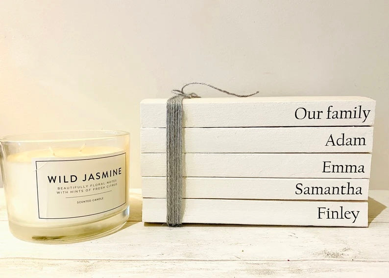 Family Names Book Stack Gift! Beautiful, neutral home decor book stack ornament- lovely house warming present- perfect Wedding Decor