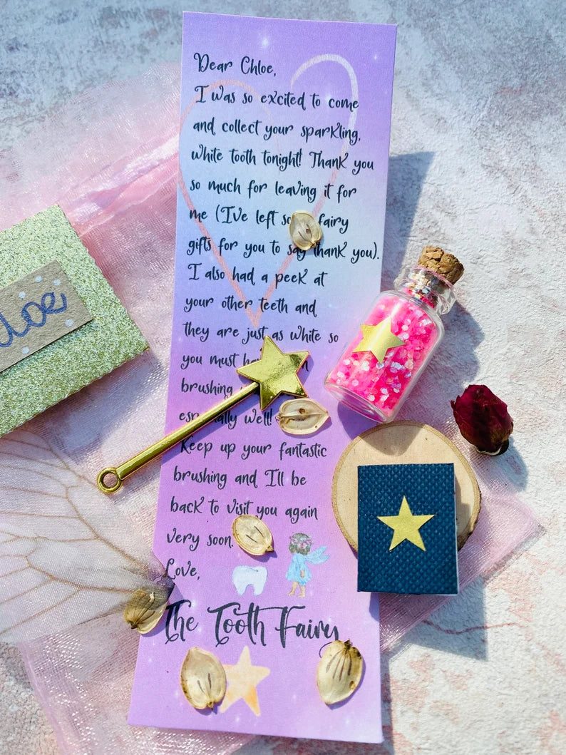 Tooth Fairy Set- Personalised Fairy Letter, bag with gifts, wand, fairy dust, fairy wings and more