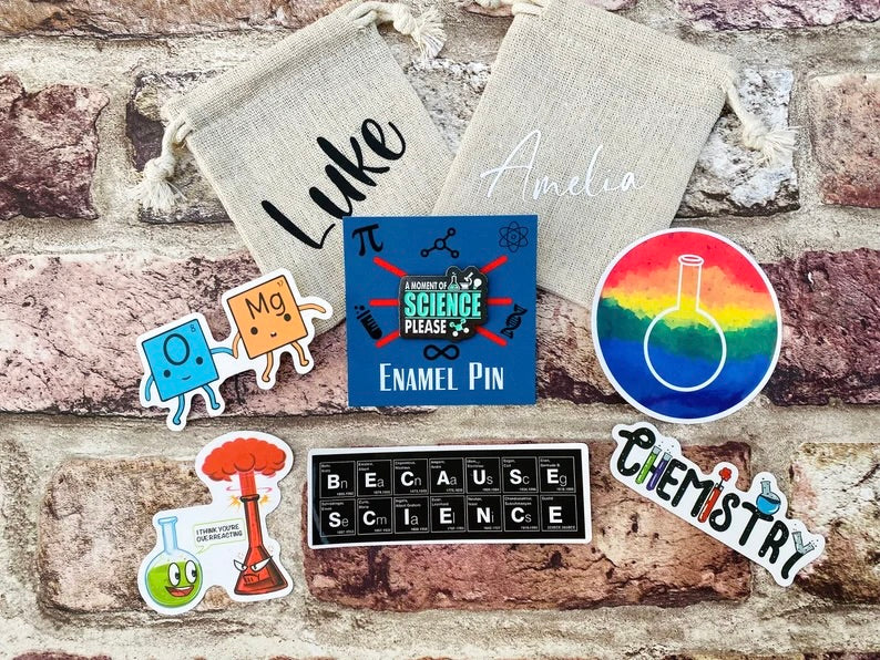 Funny Science Enamel Pin (Chemistry, Physics)/ University Badge & waterproof stickers for laptops! Scientist- chemist- physicist gift