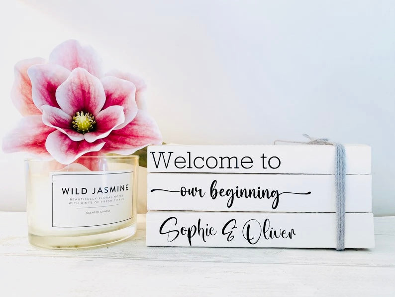 Our Beginning- Personalised White Wedding Book Stack- Wedding table decor, custom wedding decorations, Valentine’s Day Gift