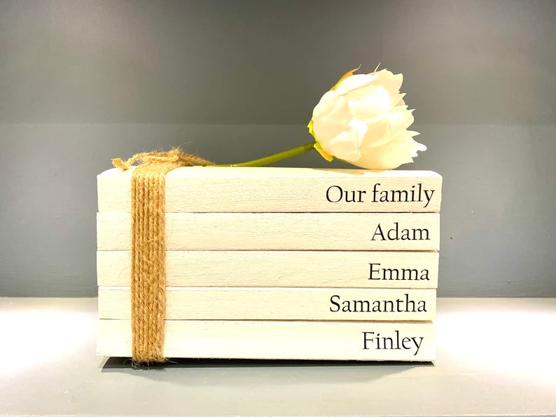 Family Names Book Stack Gift! Beautiful, neutral home decor book stack ornament- lovely house warming present- perfect Wedding Decor