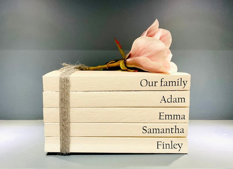 Family Names Book Stack Gift! Beautiful, neutral home decor book stack ornament- lovely house warming present- perfect Wedding Decor