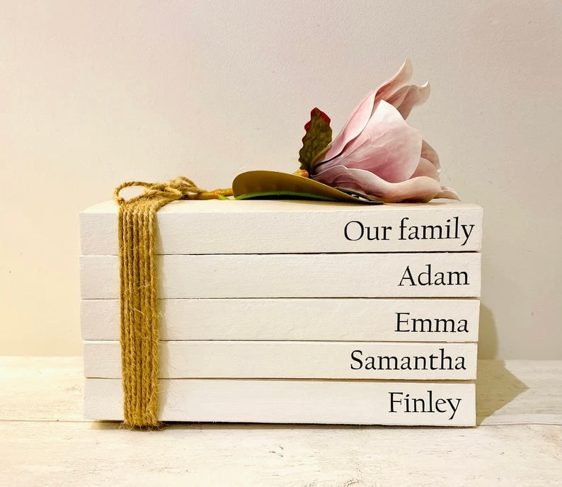 Family Names Book Stack Gift! Beautiful, neutral home decor book stack ornament- lovely house warming present- perfect Wedding Decor