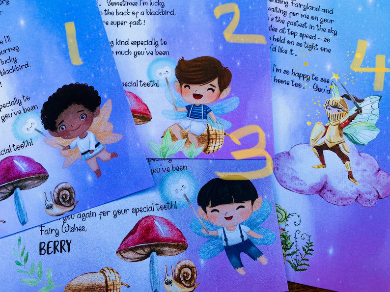 FIRST TOOTH Fairy Kit- Tooth Fairy Letter, Boys Tooth Fairy Gifts- custom letter, gold coin, wand, fairy dust & wings, book