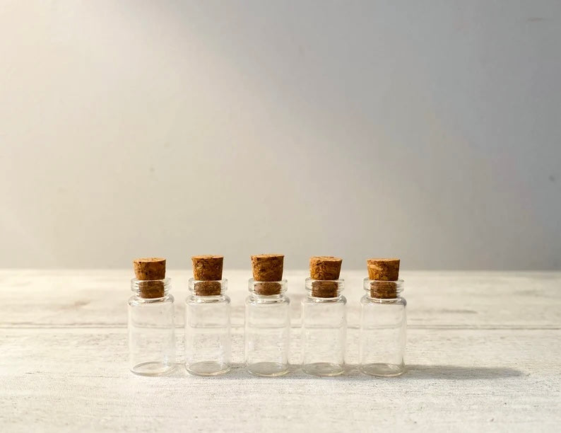 5 Tiny glass corked bottles- perfect for Fairy Dust, Pixie Dust, Mini Glass Craft Bottles- craft supplies glass bottles for crafting