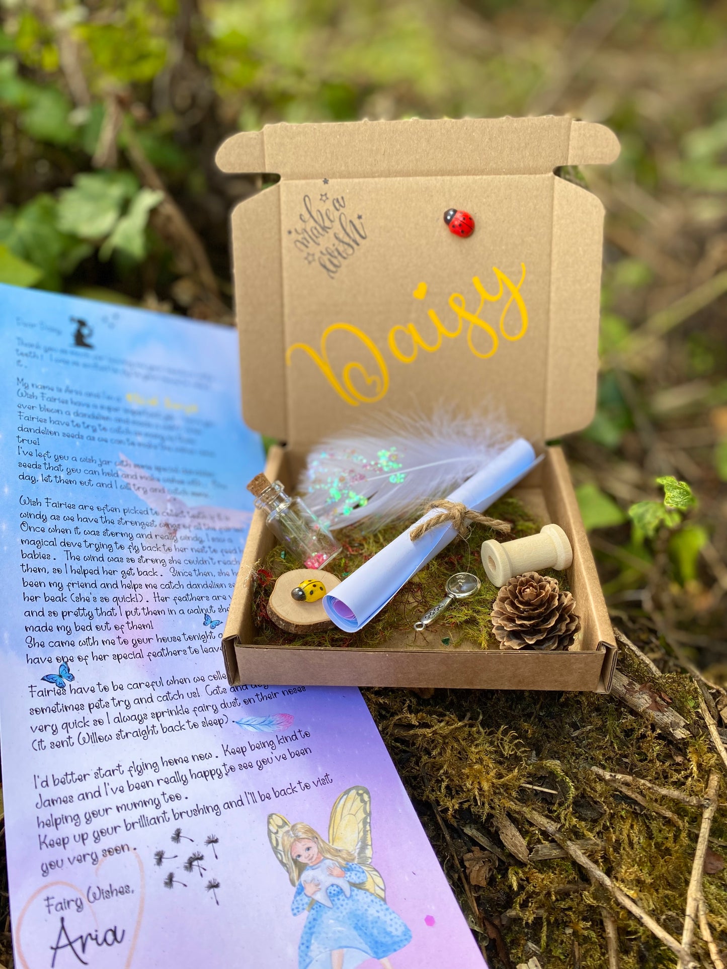 Wish Fairy- Tooth Fairy Letter Personalised gift box- Fairy Kit includes: Wish bottle, mini magnifying glass, magic feather, bobbin, cone